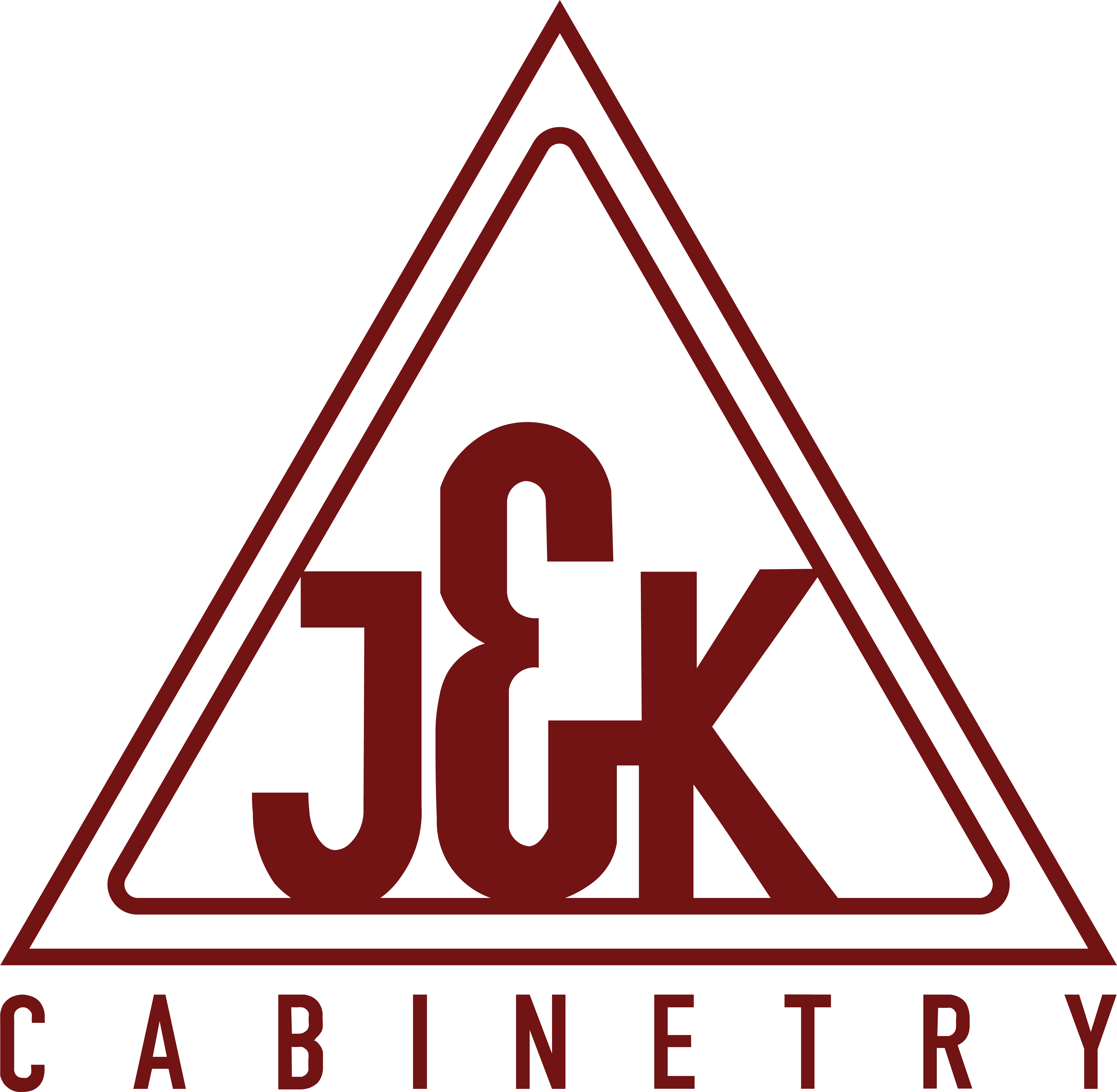 Logo of J&K Cabinetry with a red triangle and text on a white background
