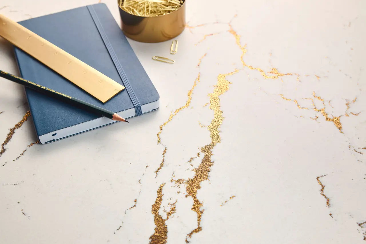 Berkshire Brass Satin Ridge™ Quartz Sample by Cambria available at Aqua Kitchen