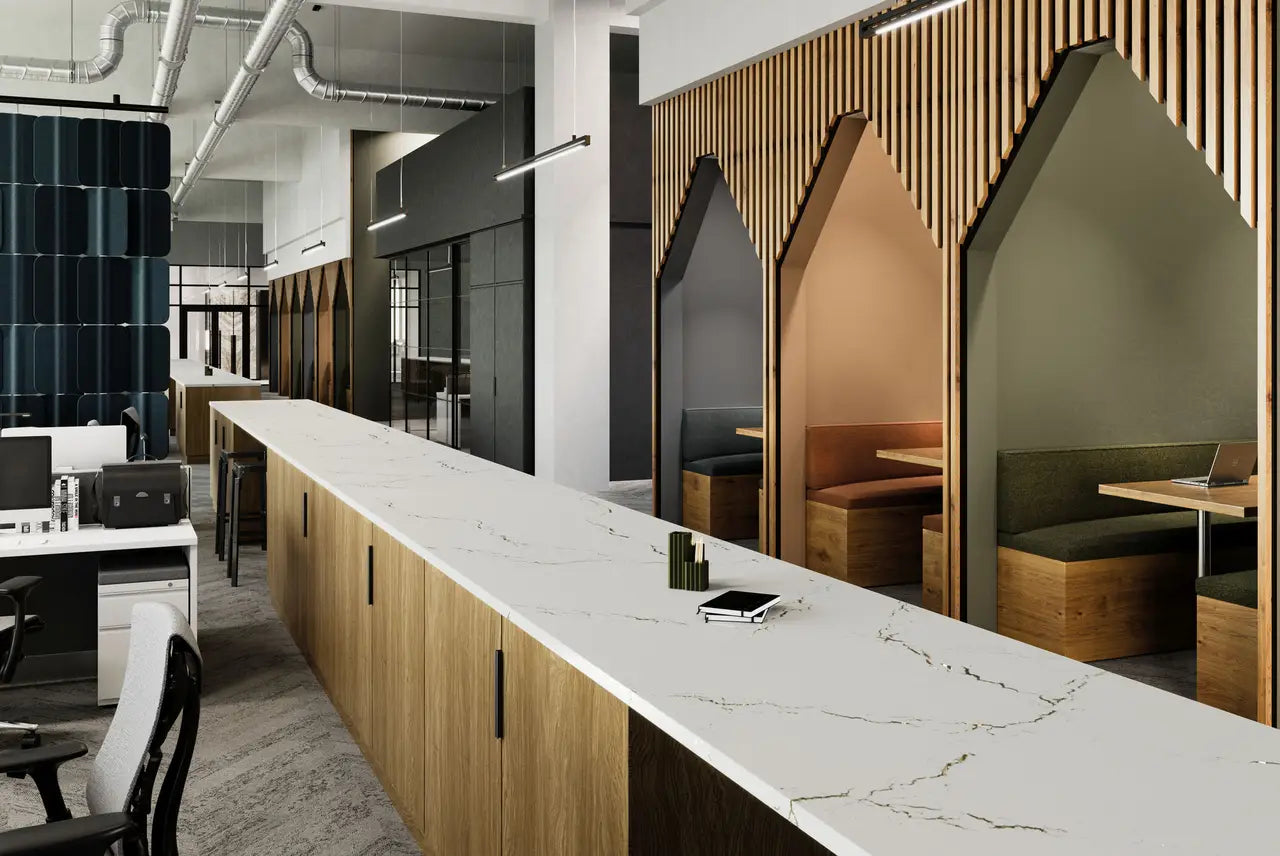 Berkshire Brass Satin Ridge™ Quartz Sample by Cambria available at Aqua Kitchen