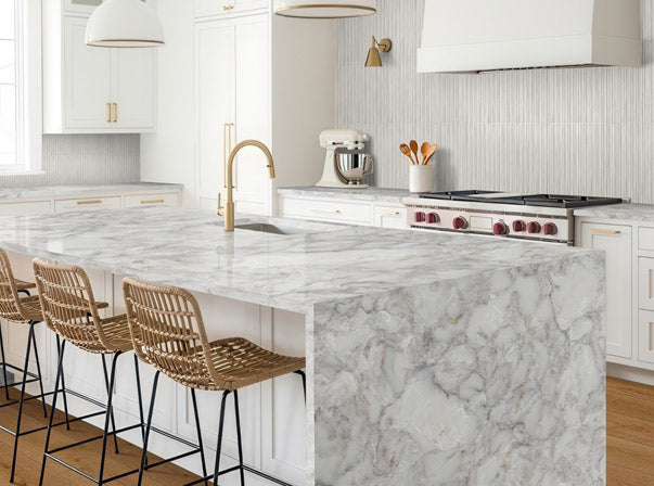 Calacata Gold Quartz Countertop Sale by Aqua Kitchen available at Aqua Kitchen