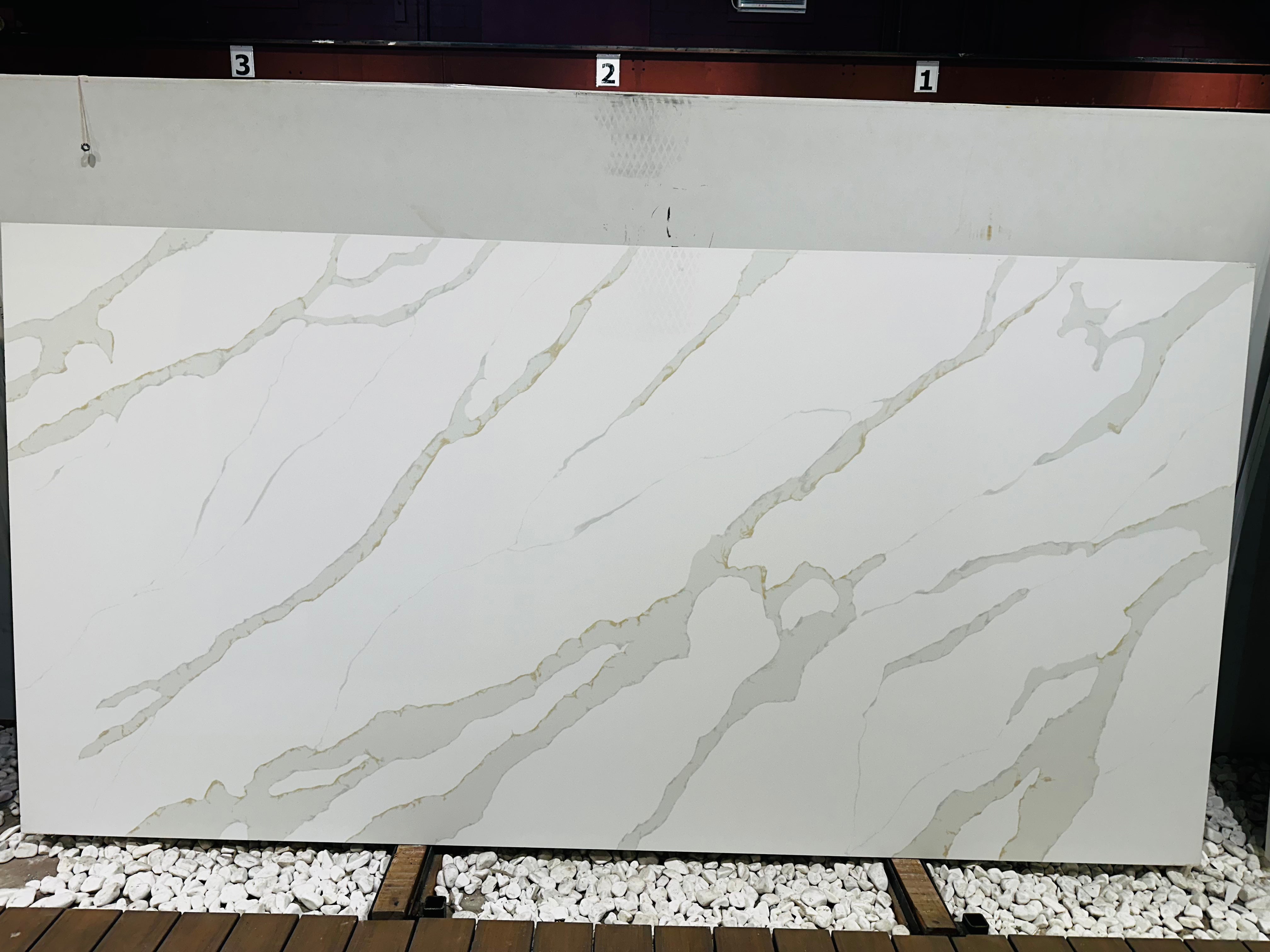 Calacata Monet Quartz Countertop Sale by Aqua Kitchen available at Aqua Kitchen