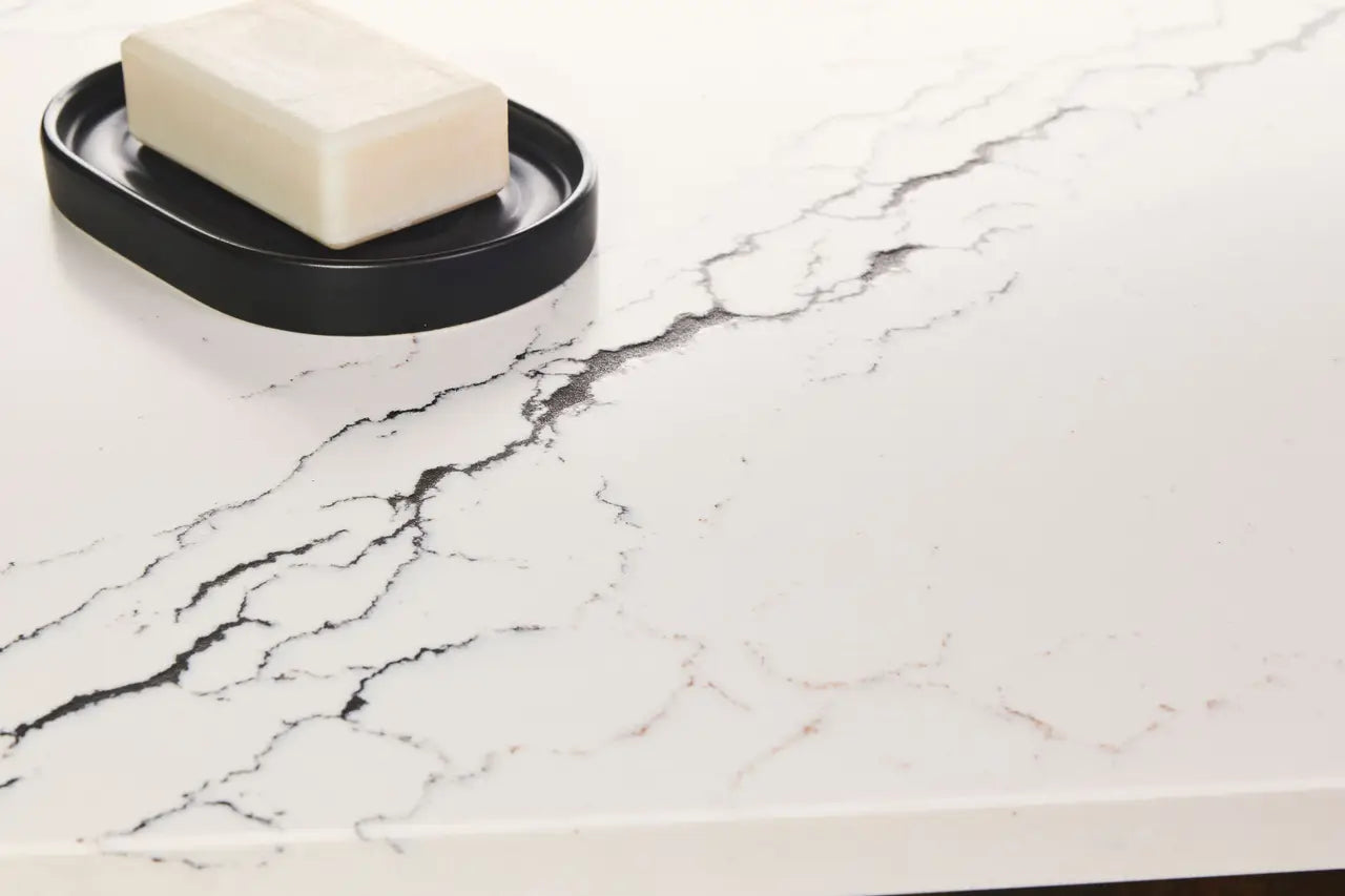 Inverness Platinum™ Quartz Sample by Cambria available at Aqua Kitchen
