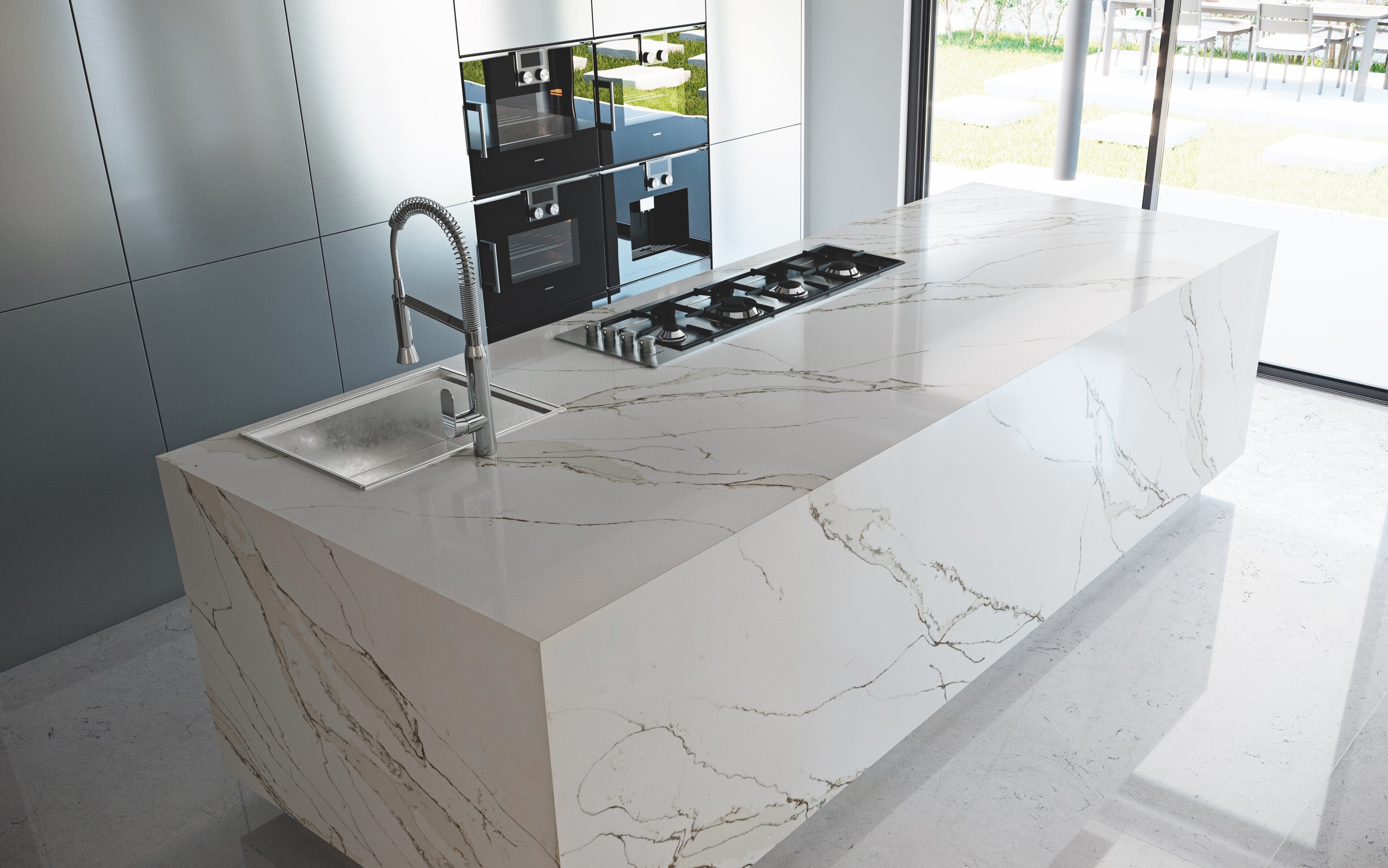 Unique Calacatta Gold by Pental Quartz available at Aqua Kitchen