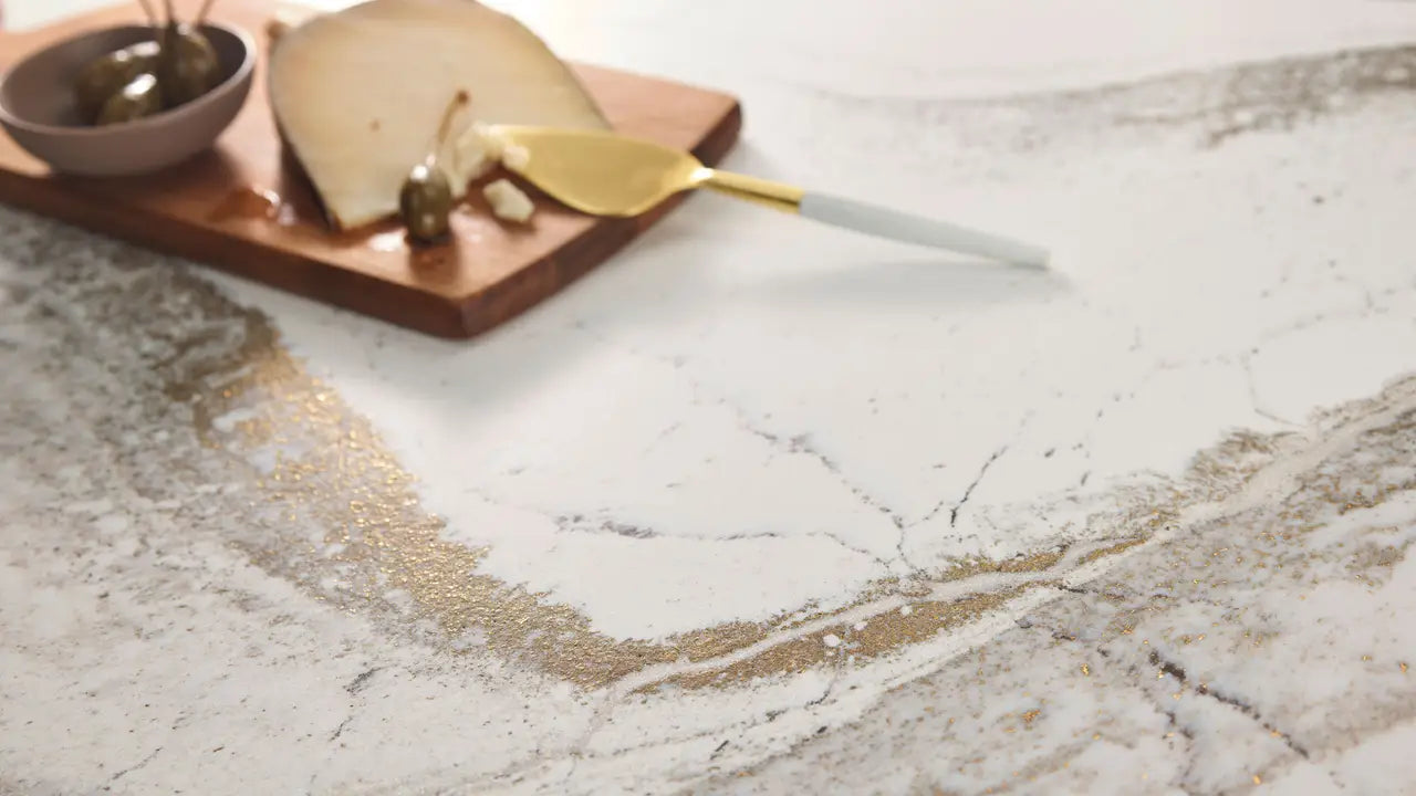 Windsor Brass Satin Ridge™ Quartz Sample by Cambria available at Aqua Kitchen