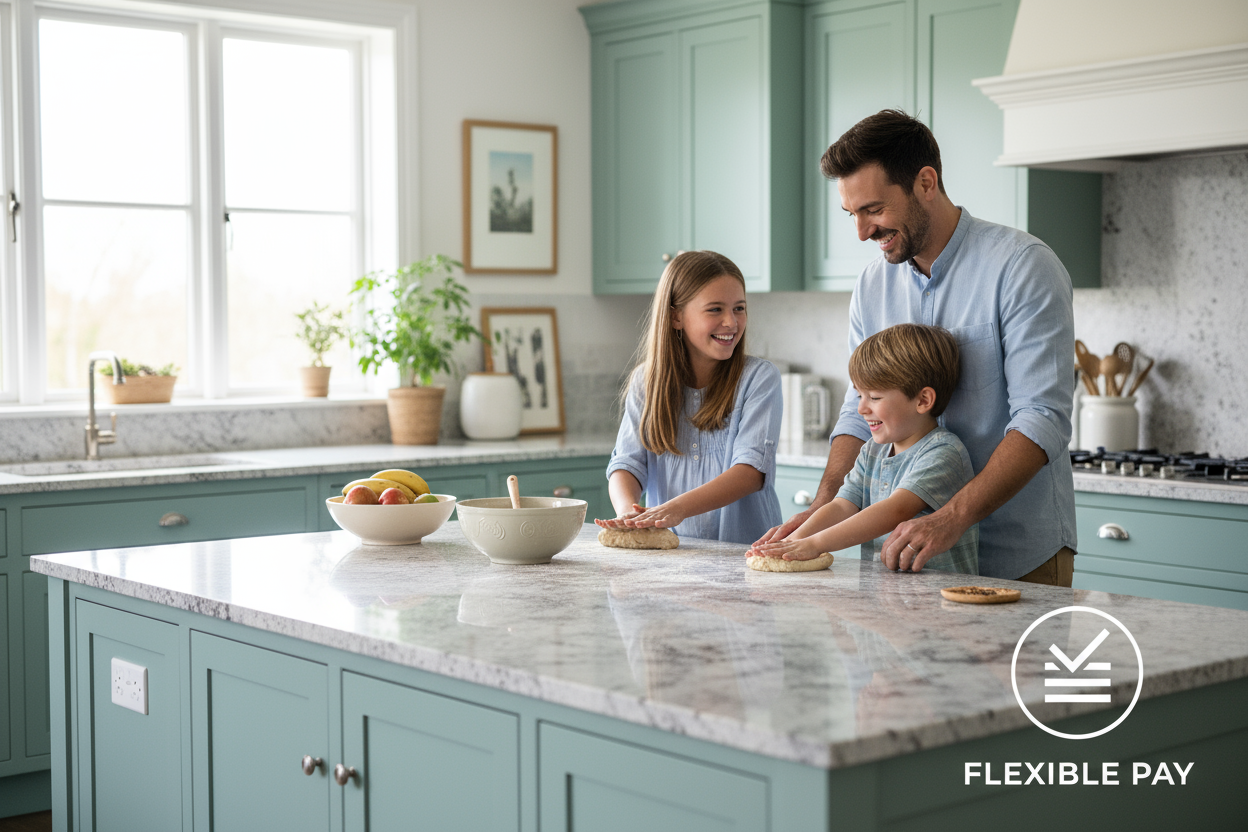 A graphic illustrating a payment plan or a happy family enjoying their new kitchen, emphasizing peace of mind.