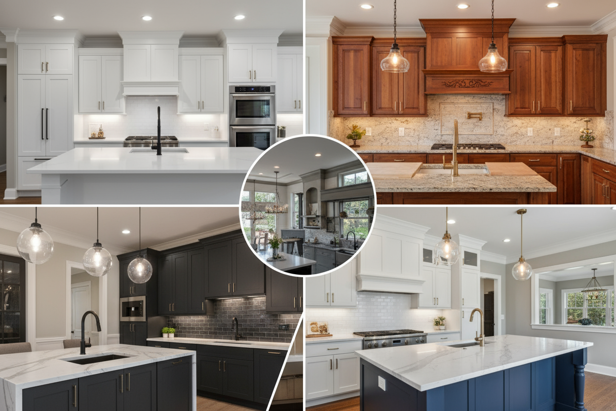 A high-quality, aspirational collage of 3-4 different completed customer kitchens, emphasizing variety and local success.