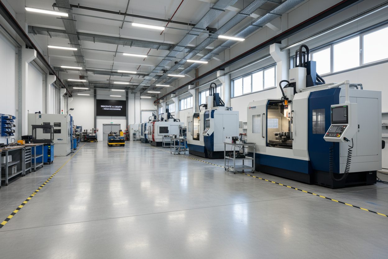 A high-quality, wide-angle photo of the clean, modern fabrication shop floor, emphasizing the large CNC machinery. (Aspect Ratio: 16:9)