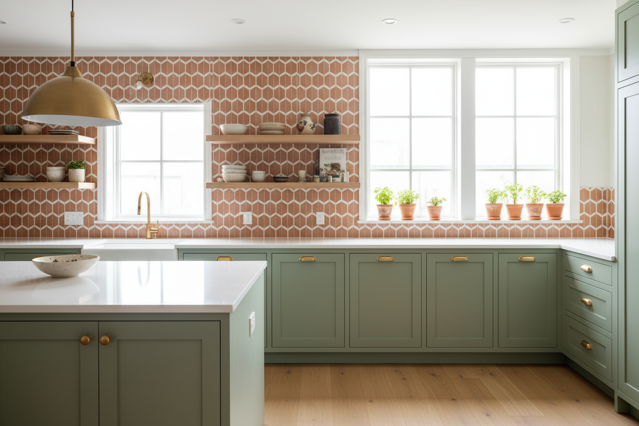 A highly stylized, inspirational kitchen photo that embodies a current design trend (e.g., a kitchen with sage green cabinets or a unique backsplash).