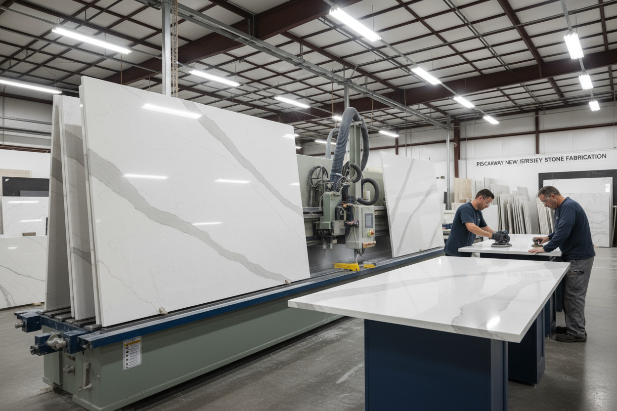 Calacatta Miraggio Quartz Countertops Project in Piscataway, NJ fabrication-shop