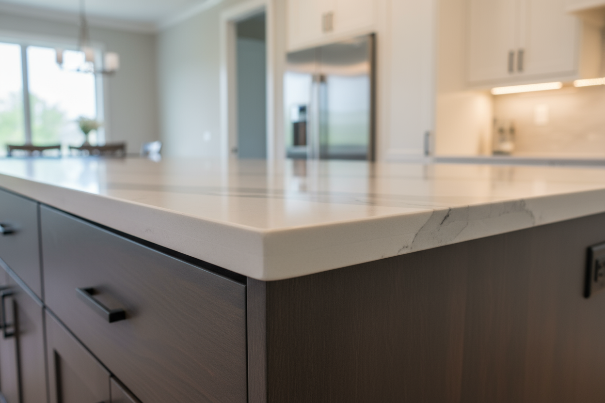 Close-up photos highlighting perfect installation: countertop edge profiles, cabinet crown molding corners